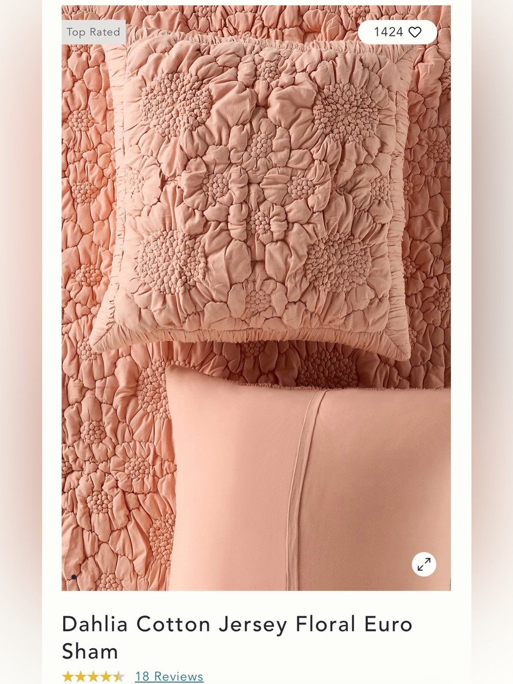New Anthropologie Dahlia Cotton Jersey Floral Euro Sham pink peach